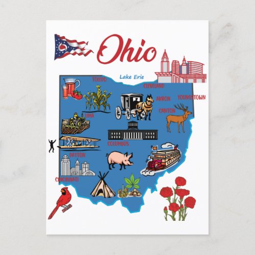 Ohio map with major cities Tourist Destinations Postcard