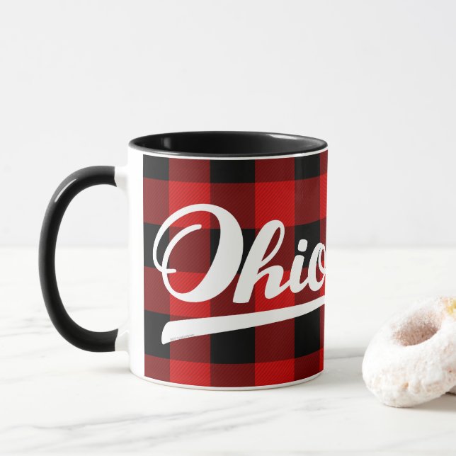 Ohio Script Red Buffalo Check Pattern Souvenir Mug (With Donut)