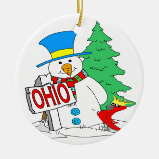 Ohio Snowman Cardinal Ceramic Ornament