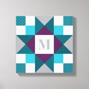 Ohio Star Quilt Block in Teal, Gray, Purple, White Canvas Print