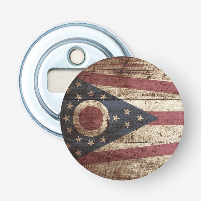 Ohio State Flag on Old Wood Grain Bottle Opener (Front)