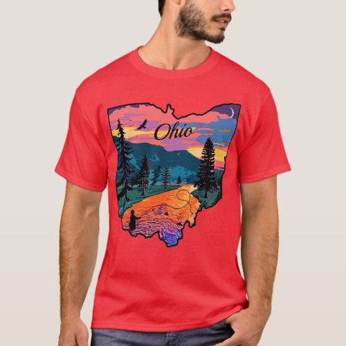 Ohio State Map Mountain Sunset River Fishing Retro T_Shirt