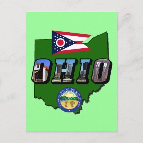 Ohio State Map Picture Text Flag and Seal Postcard