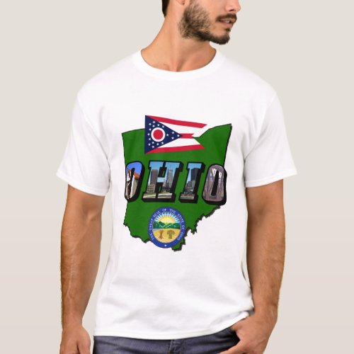 Ohio State Map Picture Text Flag and Seal T_Shirt