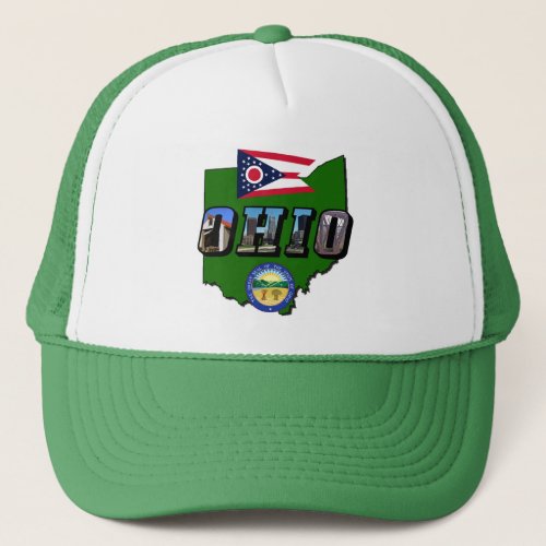 Ohio State Map Picture Text Flag and Seal Trucker Hat