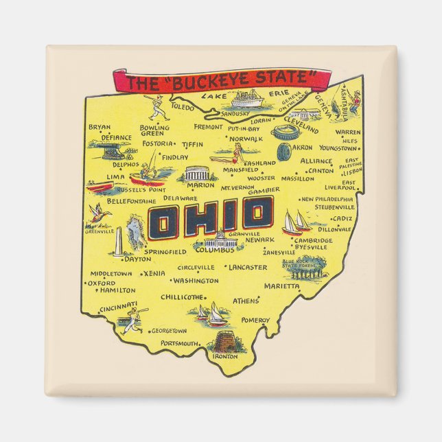 Ohio The Buckeye State vintage Map Magnet (Front)