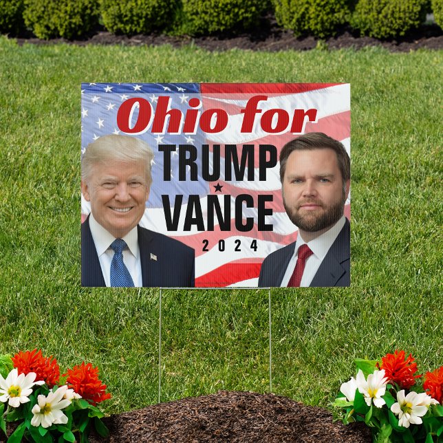 Ohio Trump Vance 2024 Photo Waving American Flag Sign (ohio for trump vance yard sign)