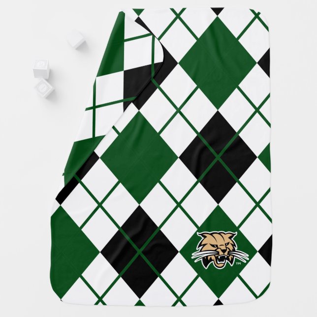 Ohio University Bobcat Logo Argyle Pattern Baby Blanket (In Situ)