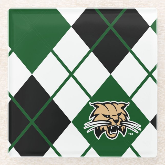 Ohio University Bobcat Logo Argyle Pattern Glass Coaster (Front)