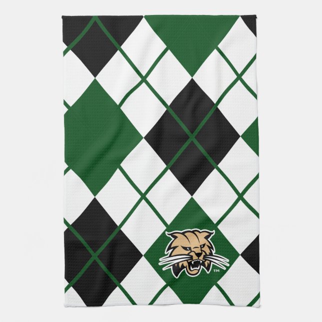Ohio University Bobcat Logo Argyle Pattern Kitchen Towel (Vertical)
