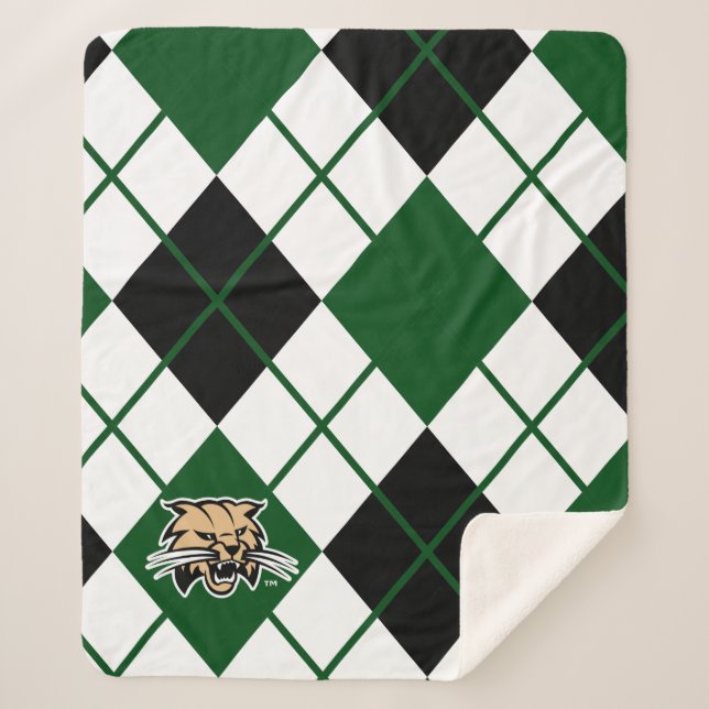 Ohio University Bobcat Logo Argyle Pattern Sherpa Blanket (Front)