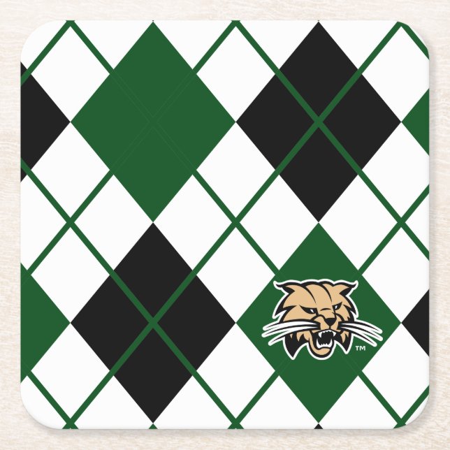 Ohio University Bobcat Logo Argyle Pattern Square Paper Coaster (Front)