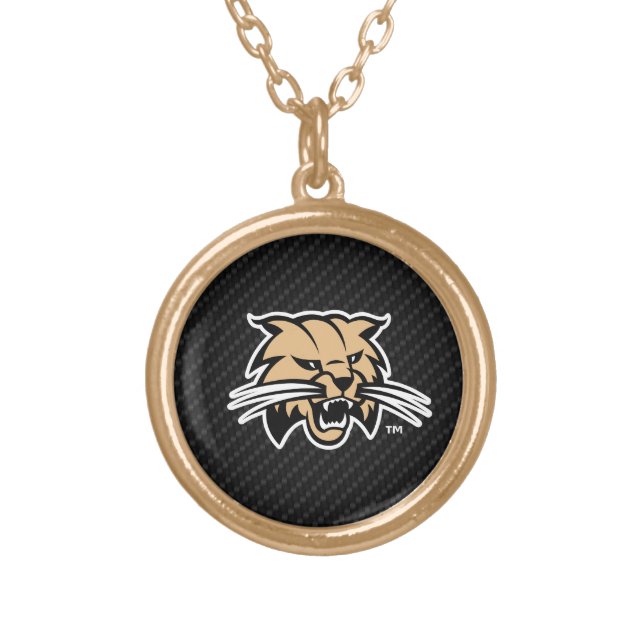Ohio University Bobcat Logo Carbon Fiber Pattern Gold Plated Necklace (Front)