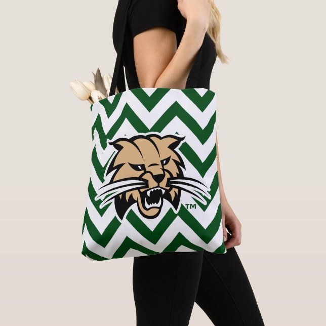 Ohio University Bobcat Logo Chevron Pattern Tote Bag (Close Up)