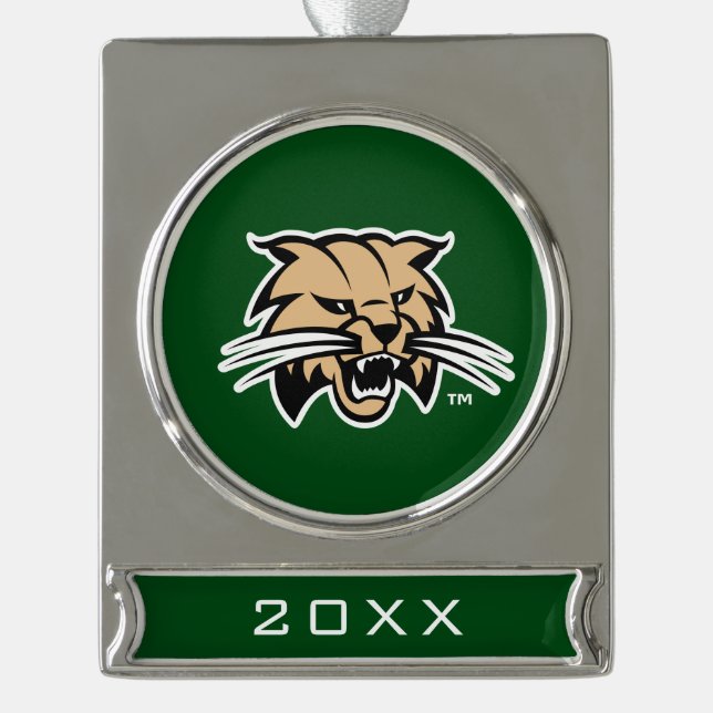 Ohio University Bobcat Logo Silver Plated Banner Ornament (Front)