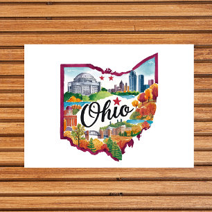 Ohio USA State Shaped Vintage Watercolor Postcard