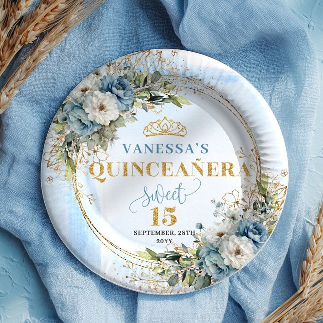 oho Dusty Blue Floral Eucalyptus Gold Quinceañera  Paper Plates (oho Dusty Blue Floral Eucalyptus Gold Quinceañera Plates)
