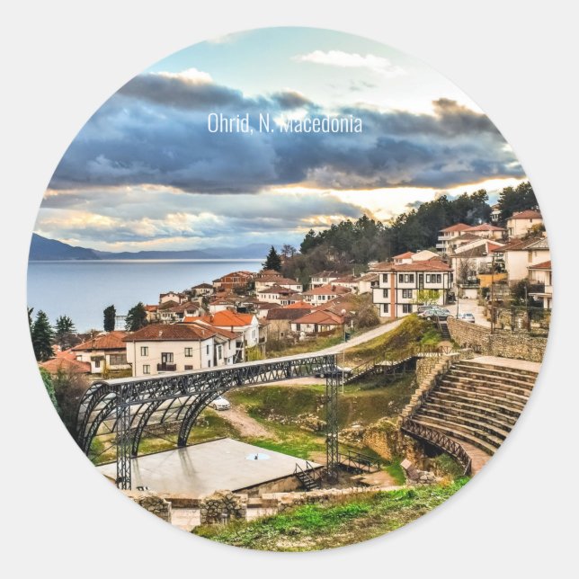 Ohrid, Macedonia panoramic view Classic Round Sticker (Front)