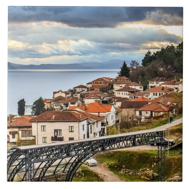 Ohrid, N. Macedonia, cityscape photograph, Ceramic Tile (Front)