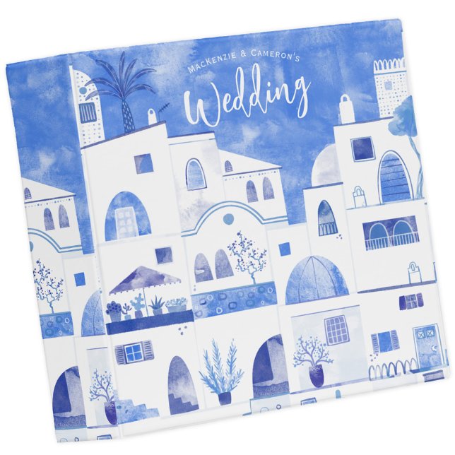 Oia Santorini Greece Personalized Wedding 3 Ring Binder (Santorini watercolor personalized wedding planning album 3 ring binder.)