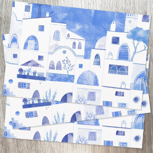 Oia Santorini Greece Watercolor Townscape Painting Wrapping Paper Sheets