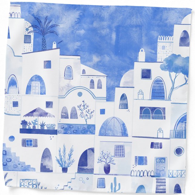 Oia Santorini Greek Island Watercolor Bandana (Santorini Greece blue and white watercolor painting art bandana)
