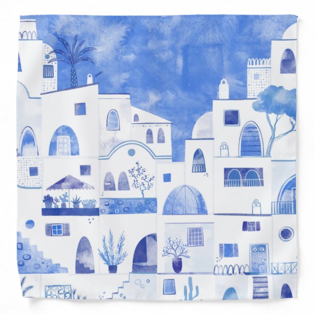 Oia Santorini Greek Island Watercolor Bandana