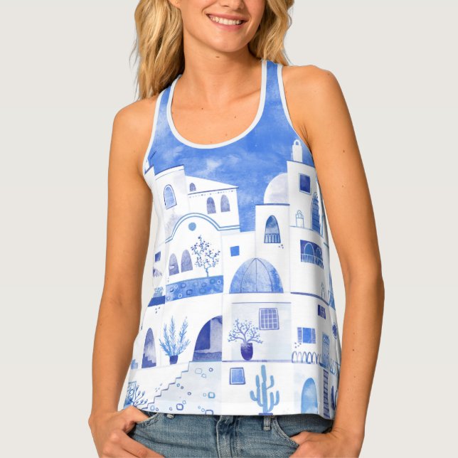 Oia Santorini Greek Island Watercolor Tank Top (Front)