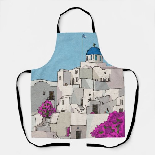 Oia Santorini Island Greece Whimsical Illustration Apron