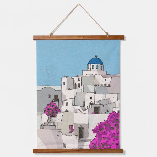 Oia Santorini Island Greece Whimsical Illustration Hanging Tapestry