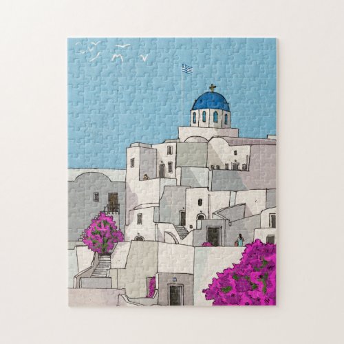 Oia Santorini Island Greece Whimsical Illustration Jigsaw Puzzle