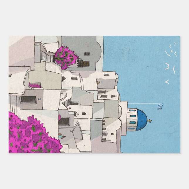 Oia Santorini Island Greece Whimsical Illustration Wrapping Paper Sheets (Front)