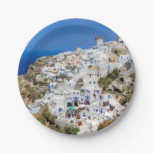 Oia village on Santorini island north Greece Paper Plates