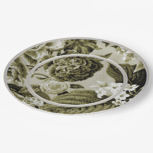 OIive Green Floral Toile No.1 Paper Plates
