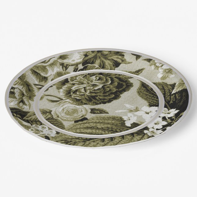 OIive Green Floral Toile No.1 Paper Plates (Angled)