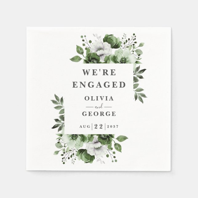 OIive Green Modern Country Floral Engagement Party Napkins (Front)