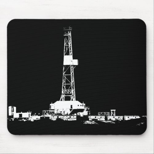 Oil Drilling Rig in White on Black Mouse Pad