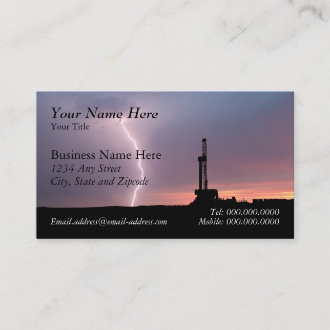 Oil Drilling Rig, Lightning, Purple Sky Business Card (Front)