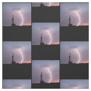 Oil Drilling Rig, Lightning, Purple Sky Fabric