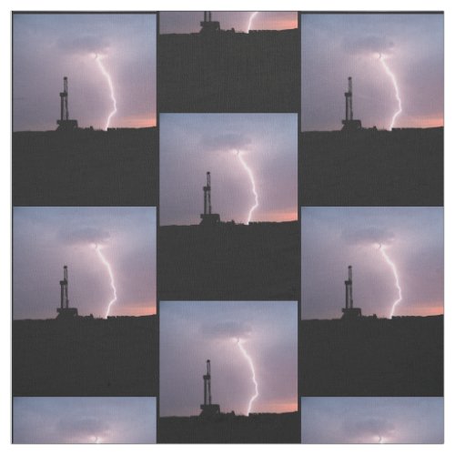 Oil Drilling Rig Lightning Purple Sky Fabric