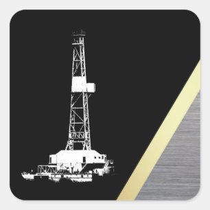 Oil Drilling Rig On Black, Gold, Metal Look Square Sticker