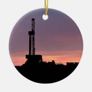 Oil Drilling Rig Purple Orange Sunset Dated Ceramic Ornament