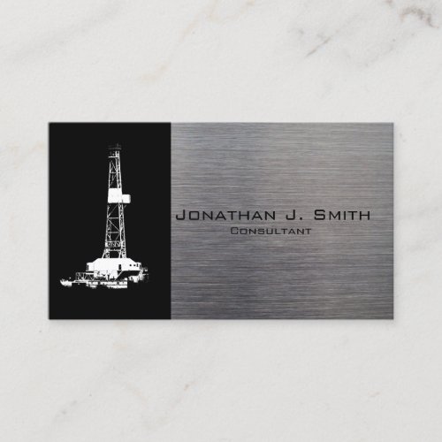 Oil Drilling Rig Silhouette Metal Look Business Card