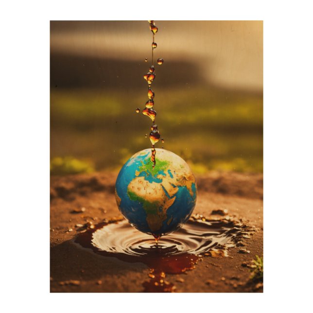 "Oil Drip Earth Wall Art: Powerful Environmental  Wood Wall Art (Front)