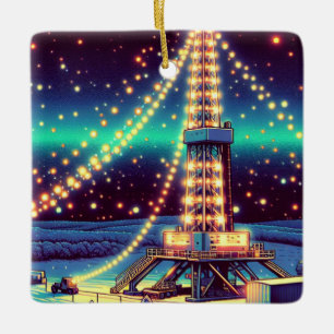 Oil Gas Drilling Rig With Christmas Lights Ceramic Ornament