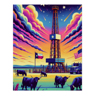 Oil Gas Drilling Scene Cattle And Flags Poster
