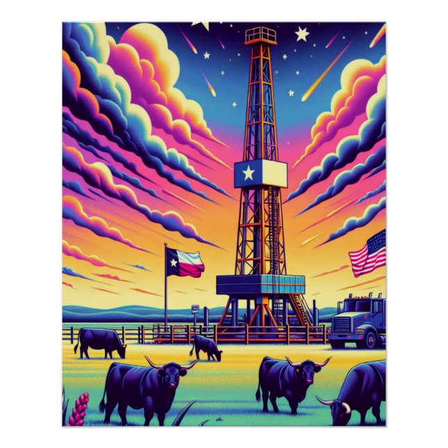 Oil Gas Drilling Scene Cattle And Flags Poster (Front)