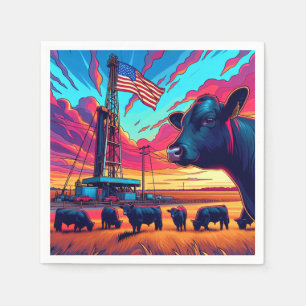  Oil Gas Rig At Sunset  Cattle and American Flag 2 Napkins