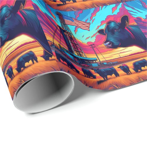  Oil Gas Rig At Sunset  Cattle and American Flag 2 Wrapping Paper
