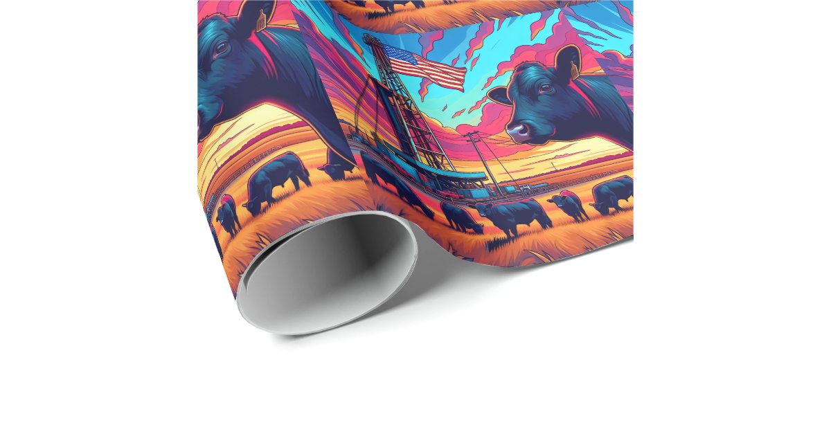 Oil Rig Wrapping Paper Oil Gas Rig At Sunset Cattle and American Flag 2 Wrapping Paper | Zazzle